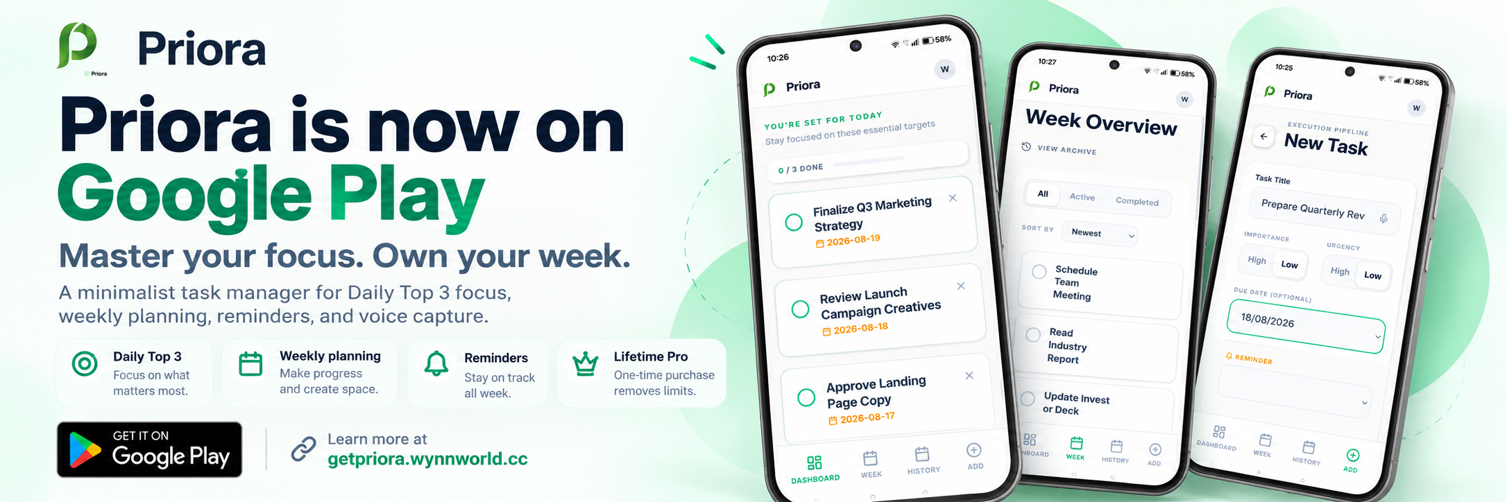 Priora is now on Google Play. Master your focus. Own your week. Daily Top 3, weekly planning, reminders, voice capture and optional Lifetime Pro.